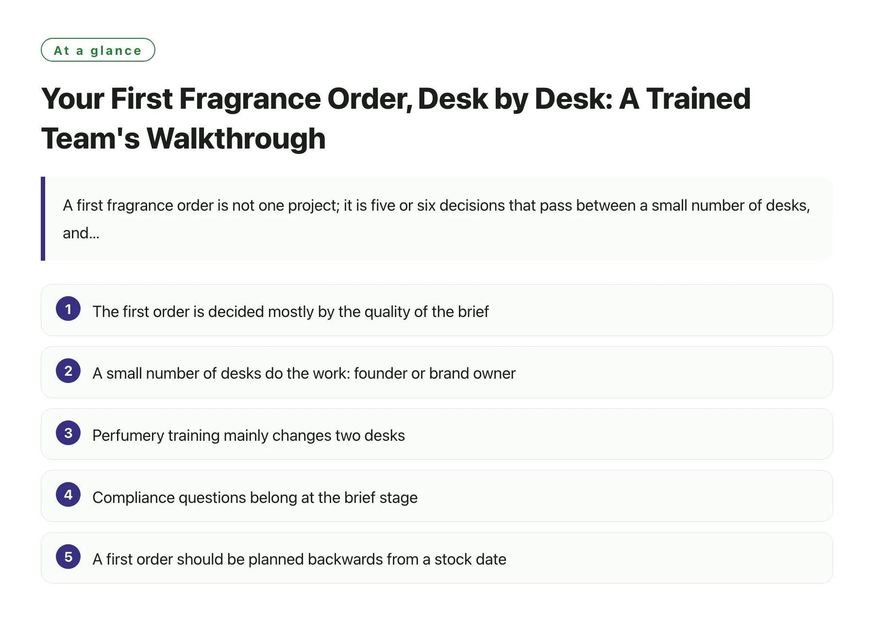 Your First Fragrance Order, Desk by Desk: A Trained Team's Walkthrough——全文要点速览